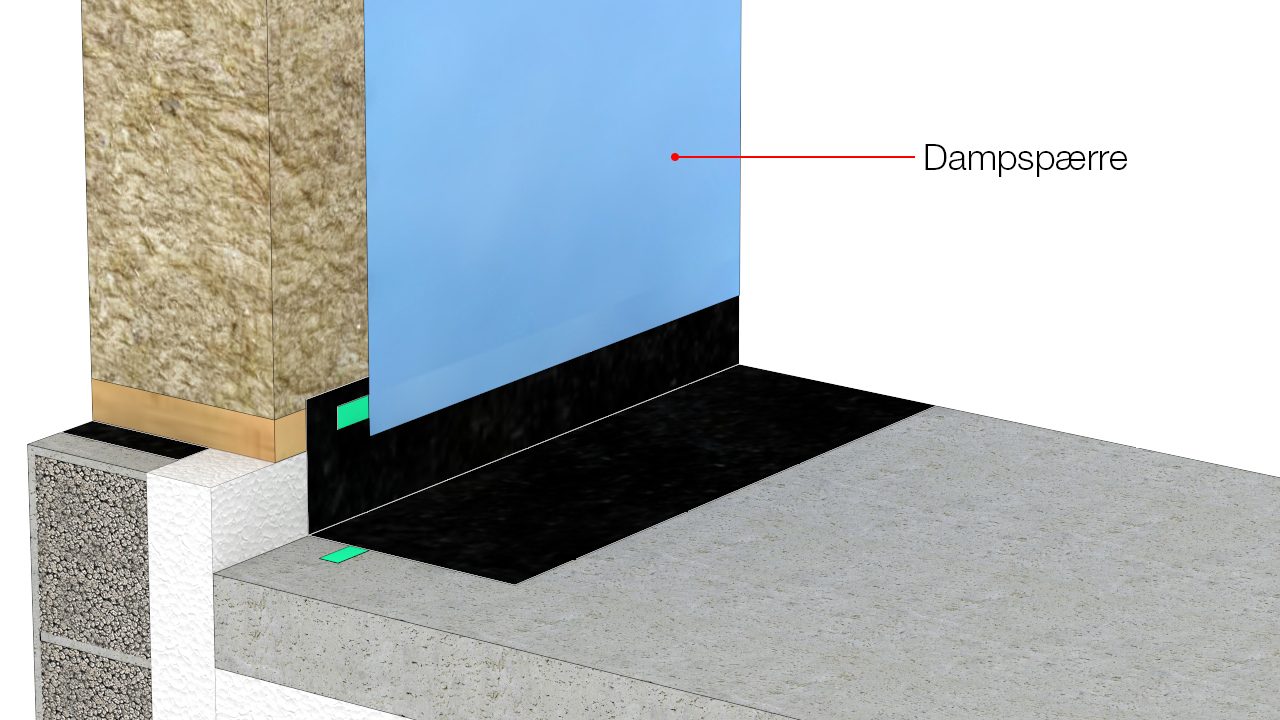 Dampspærre monteres parallelt med vægstolper og samles med mindst 50 mm overlæg med bundrem som fast underlag