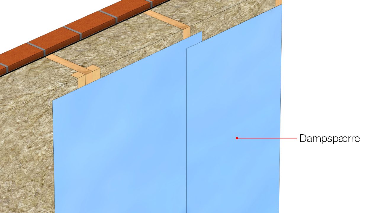 Dampspærre monteres parallelt med vægstolper og samles med mindst 50 mm overlæg over midte af vægstolper