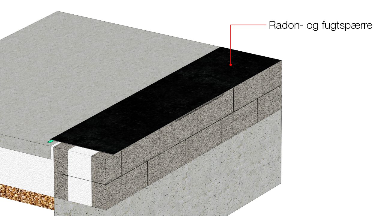 Radon- og fugtspærre føres fra sokkelforkant og ind på betonplade