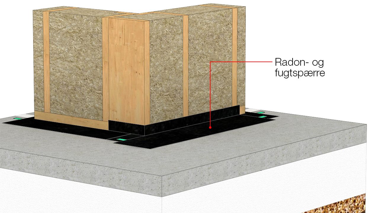 Radon- og fugtspærre føres fra betonplade og til cirka 10 mm over fodrem